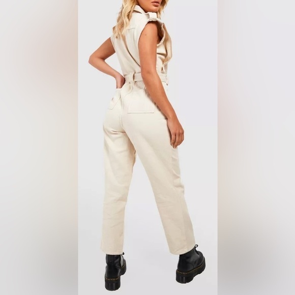 Boohoo Contrast Stitch Utility Khaki Denim Jumpsuit - Size US 4 - Picture 3 of 5